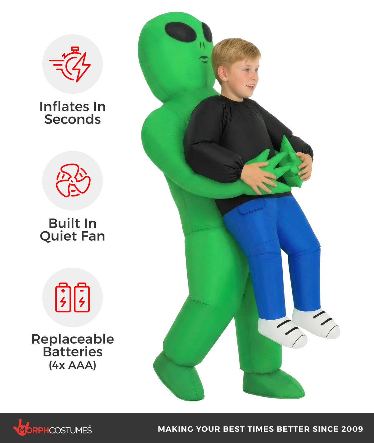 Morph Kids Alien Costume battery pack visible for reliable airflow during wear.