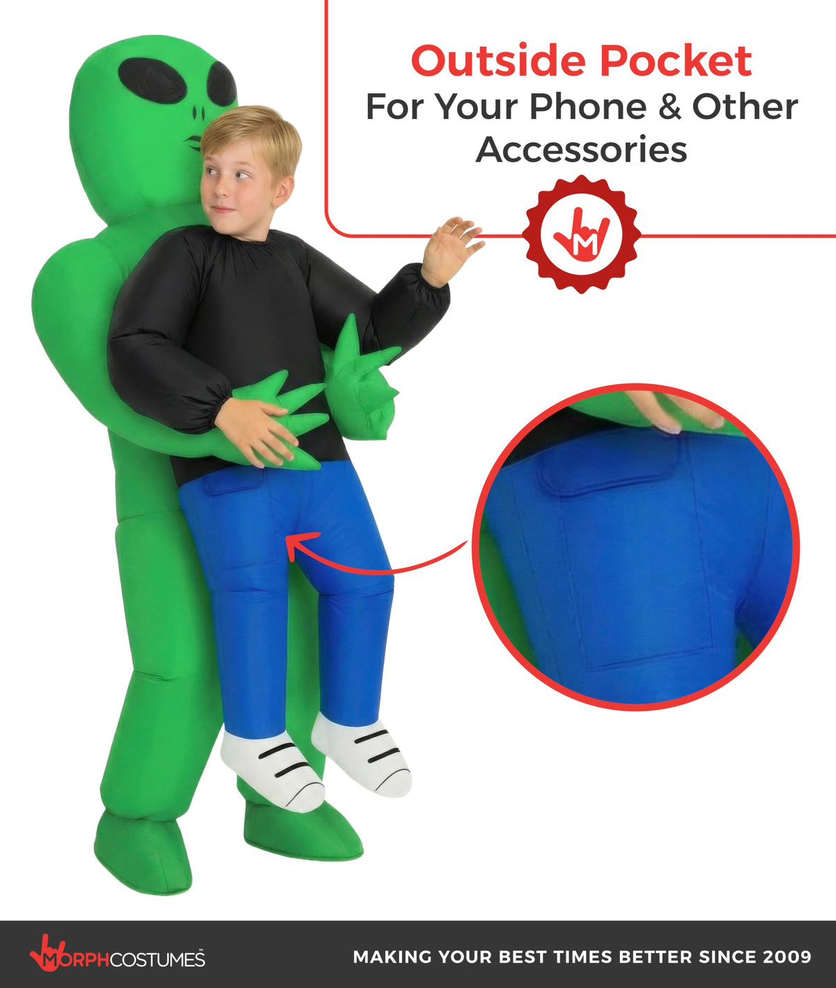Morph Kids Alien Costume built-in fan highlights quick, effortless inflation.
