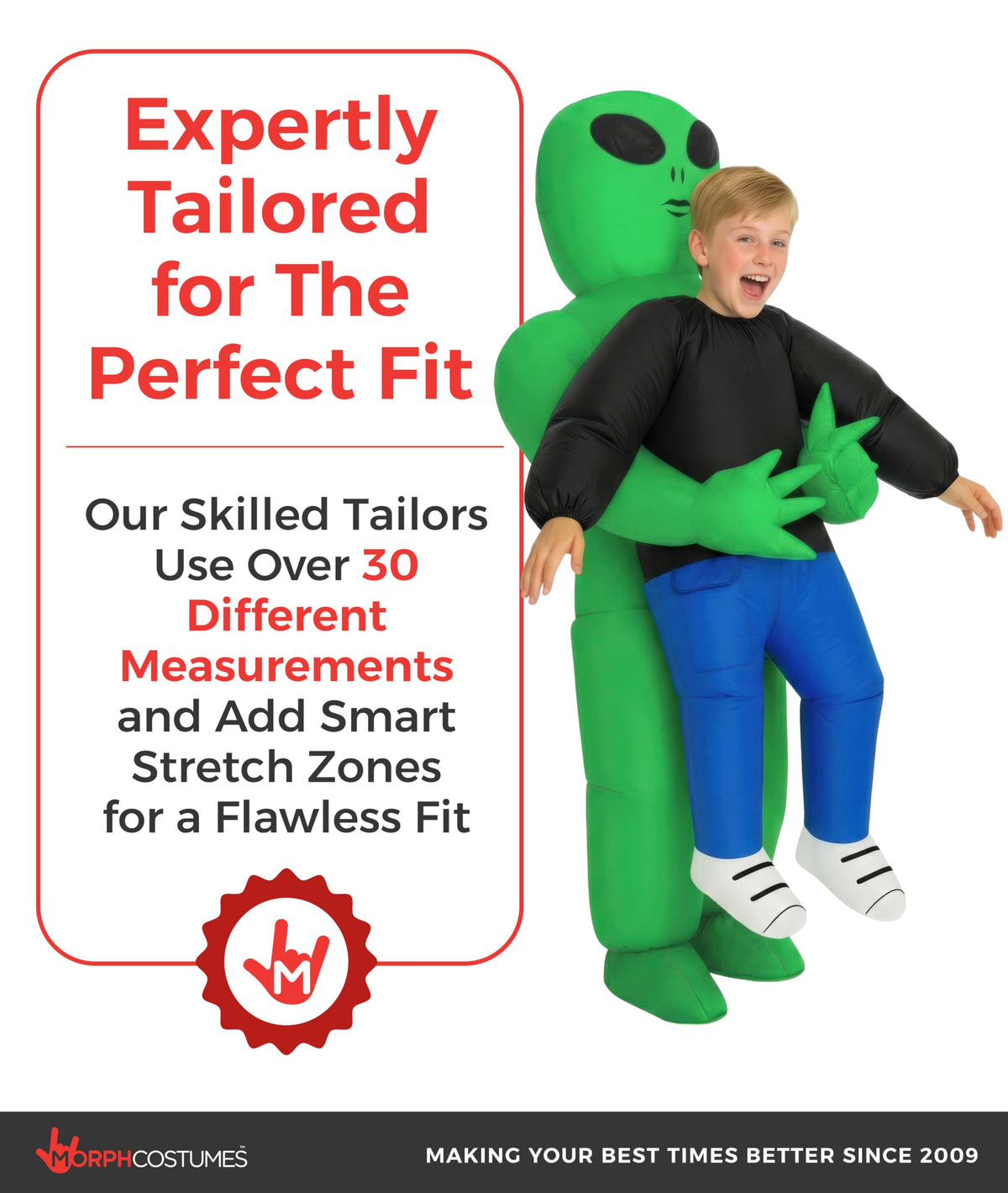 Morph Kids Alien Costume worn by child demonstrates comfortable fit over regular clothes.
