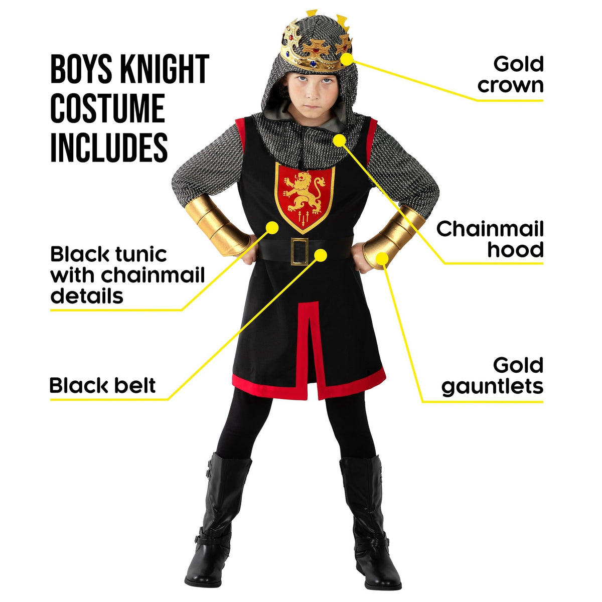 Morph knight costume with gold crown enhances heroic look for Halloween.