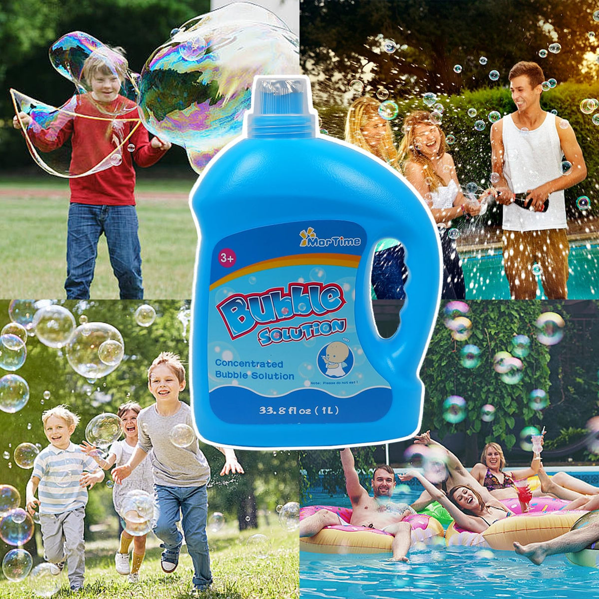 MorTime bubble solution refill compatible with wands, machines, and blowers for easy replenishment.