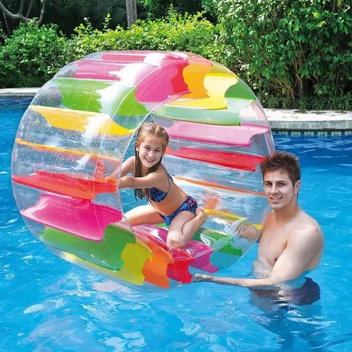 MorTime inflatable roller float 40-inch rainbow wheel in action for pool fun