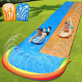 MortTime slip water slide with sprinklers in lane 1 for cooling fun and fast glides.