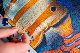 Mosaic Puzzles Sea of Colors complete display on a shelf showcases art