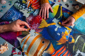 Mosaic Puzzles Sea of Colors travel-ready box makes puzzle storage easy