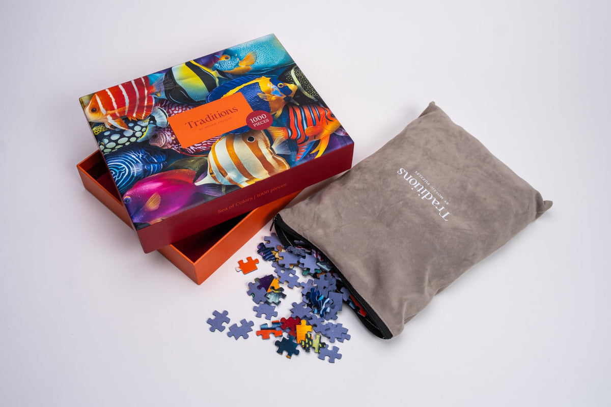 Mosaic Puzzles Sea of Colors velvet storage bag keeps pieces organized and travel-ready