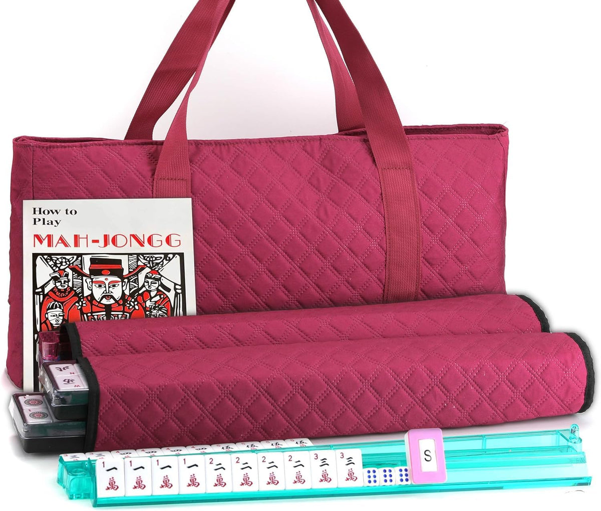 Mose Cafolo Mahjong set in red quilted bag for elegant storage and transport