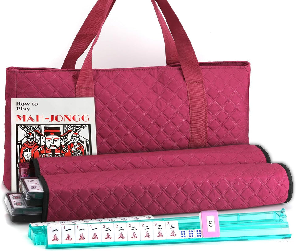 Mose Cafolo Mahjong set in red quilted bag for elegant storage and transport