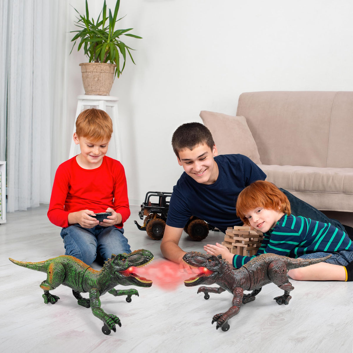 Moskiddo RC dinosaur supports two-player fun with 2.4G remote.