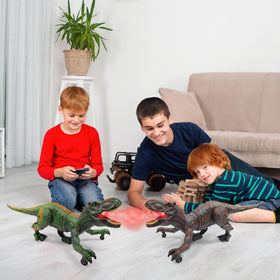 Moskiddo RC dinosaur supports two-player fun with 2.4G remote.