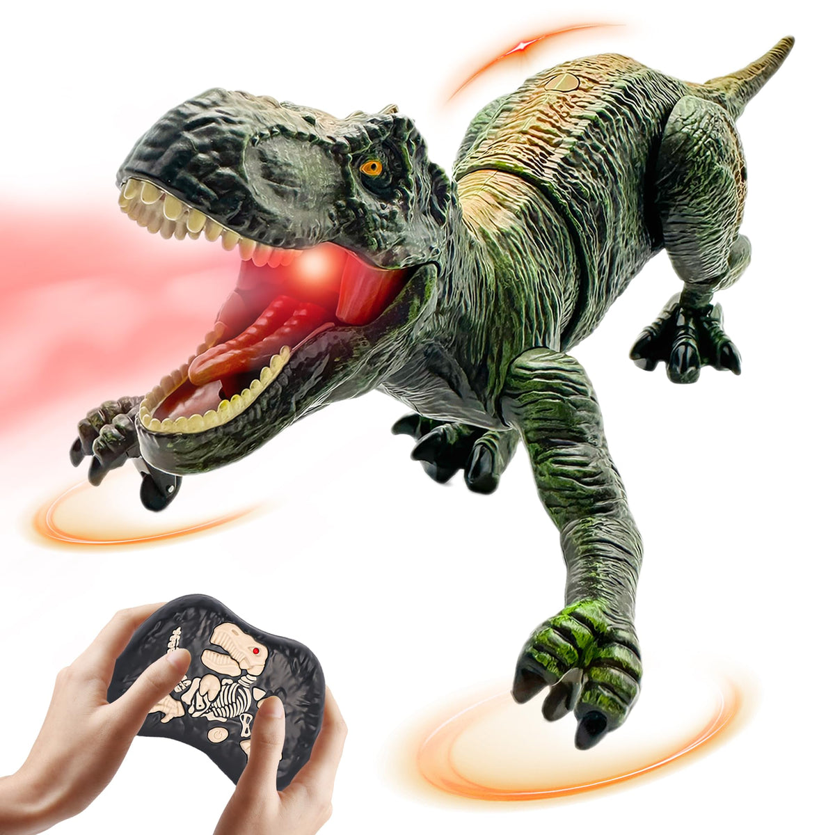 Moskiddo RC T-Rex green walking action for immersive dinosaur playtime.