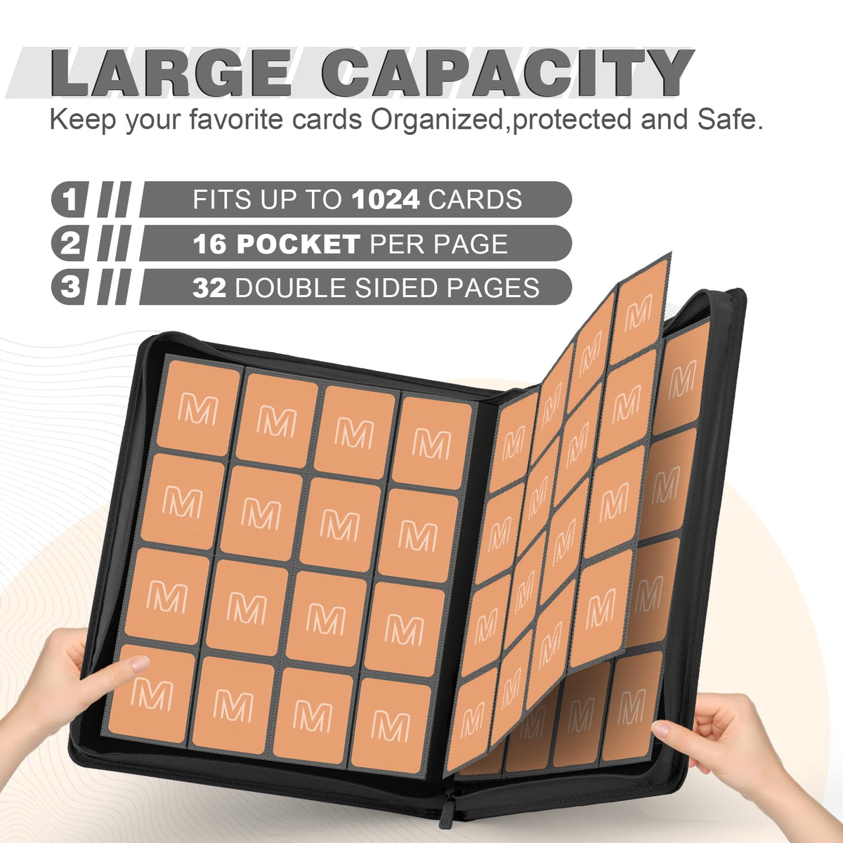 MOSLA card binder interior shows 32 pages ready for double-sided storage.