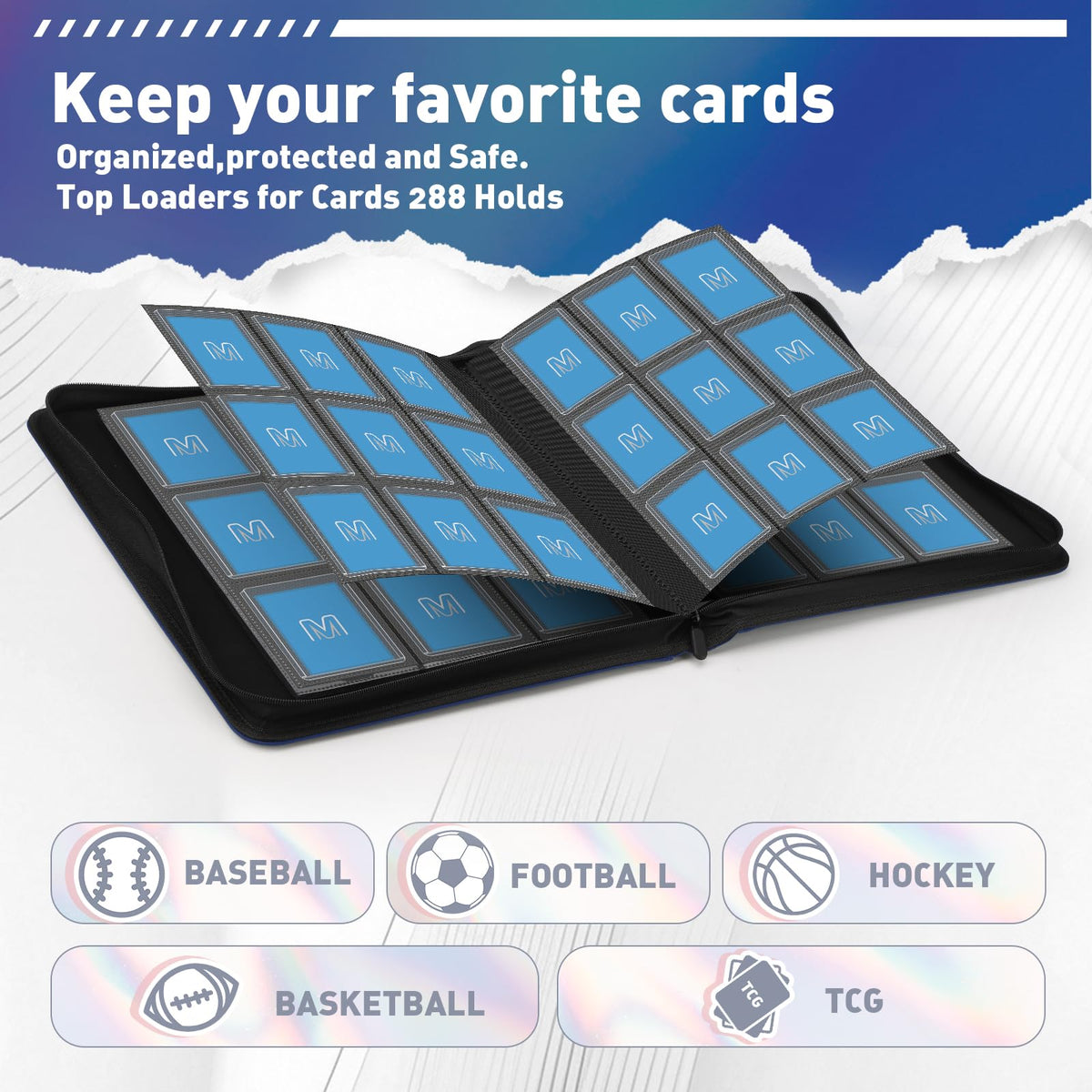 MOSLA navy binder highlights 288-card capacity for growing collections.