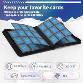 MOSLA navy binder highlights 288-card capacity for growing collections.