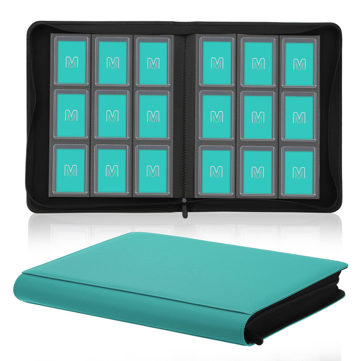 MOSLA Toploader Binder shows 9-pocket layout with 288-card capacity for organized storage.