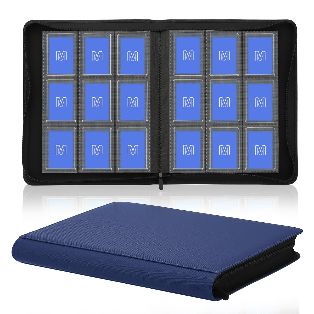 MOSLA Toploader Binder navy front view, durable PU leather for long-lasting card storage.