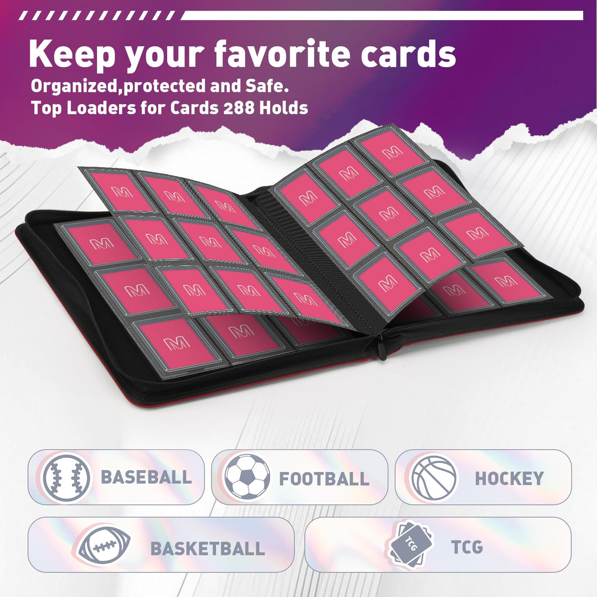 MOSLA Toploader Binder interior with sleeved cards ready for secure storage