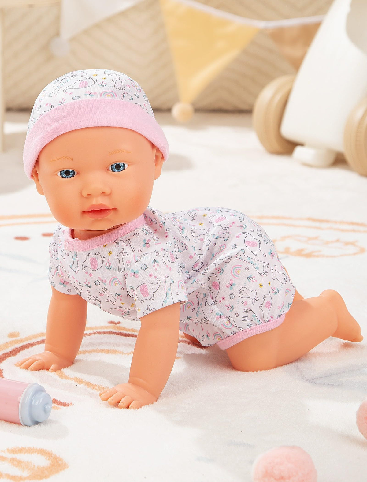 Mother Love crawling baby doll demonstrates lifelike crawling motion.