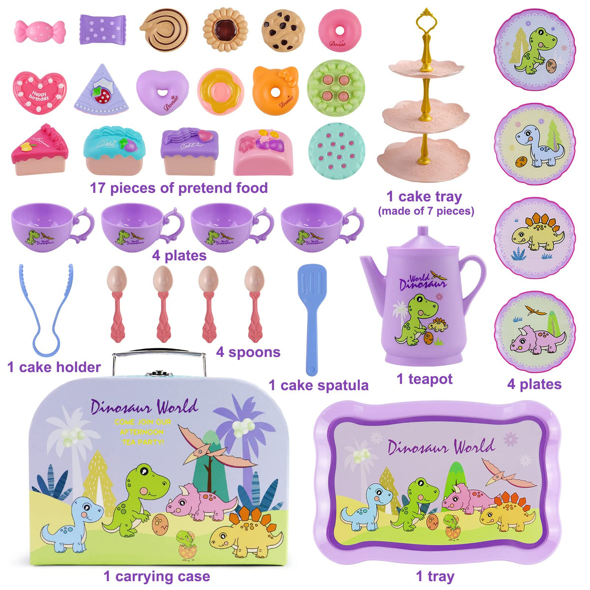 Motiloo dinosaurs dessert trays showcase colorful treats, sparking joyful tea party play.
