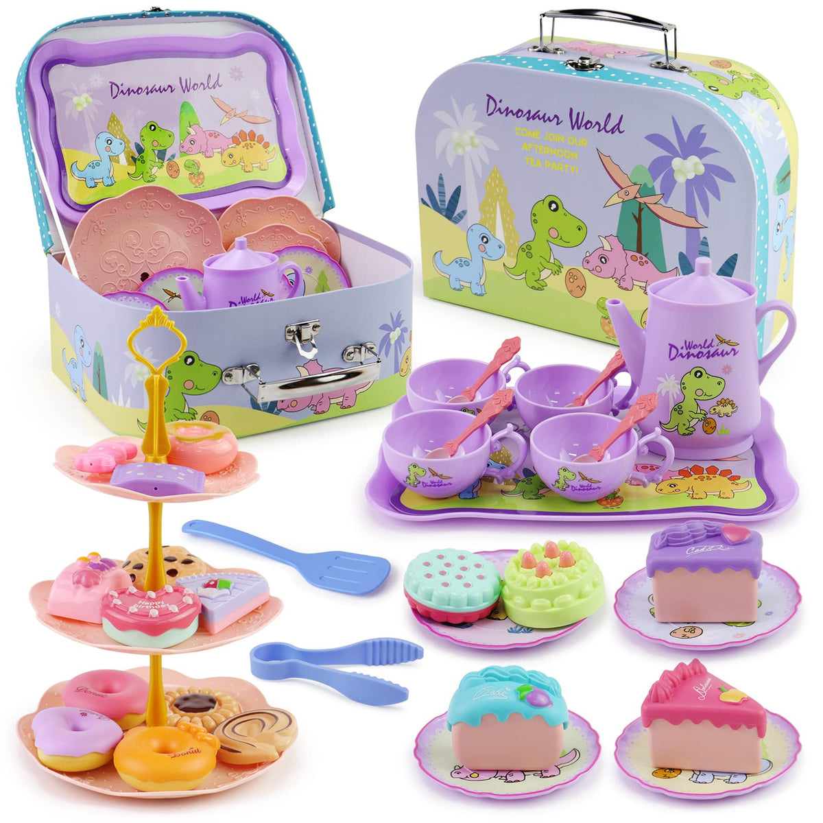 Motiloo dinosaurs tea set carry case keeps all pieces organized for on-the-go play.