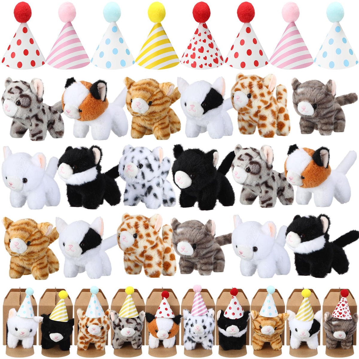 Motionchic 20-cat plush set with hats for festive party decor.