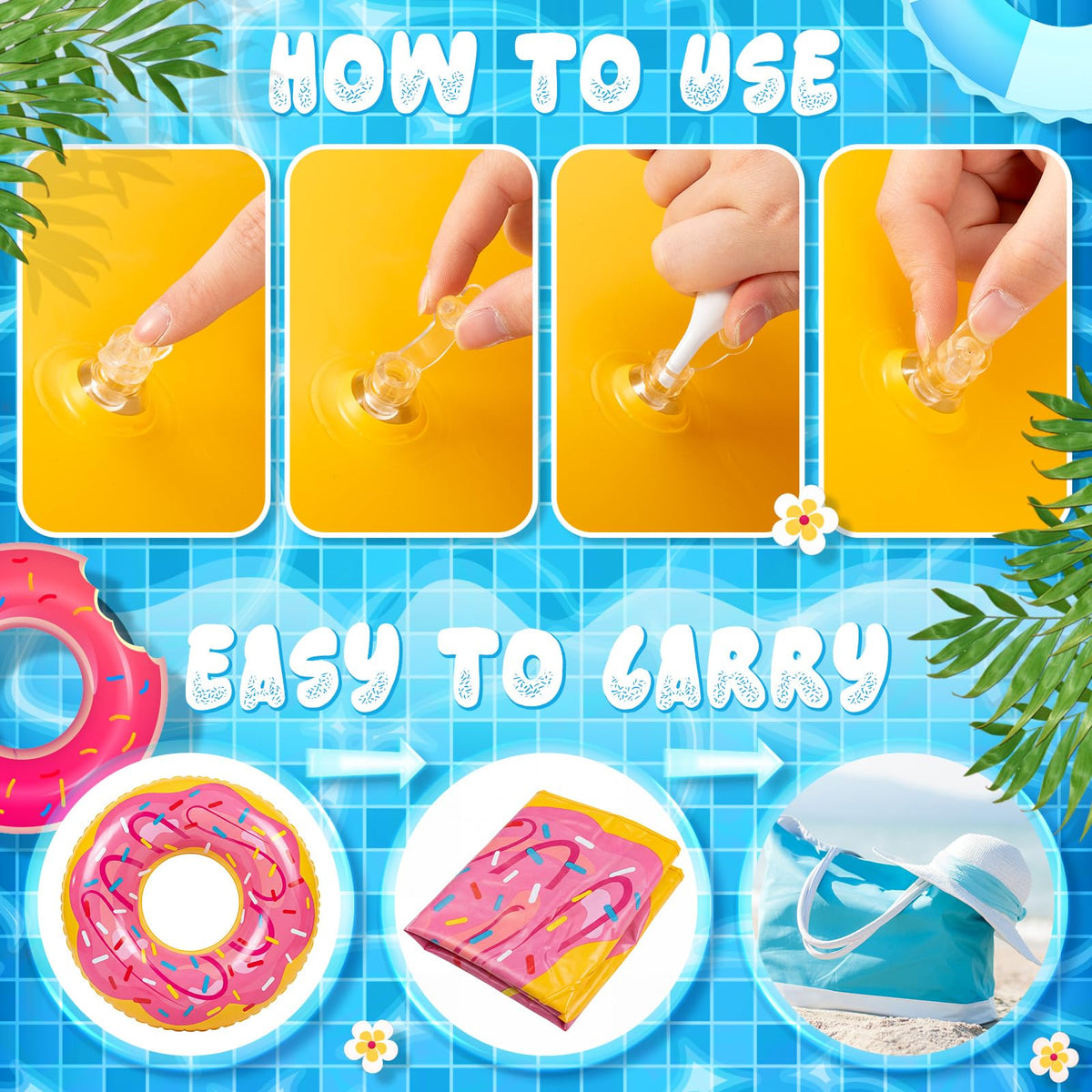 Motionchic donut pool float valve closeup shows easy inflation and deflation
