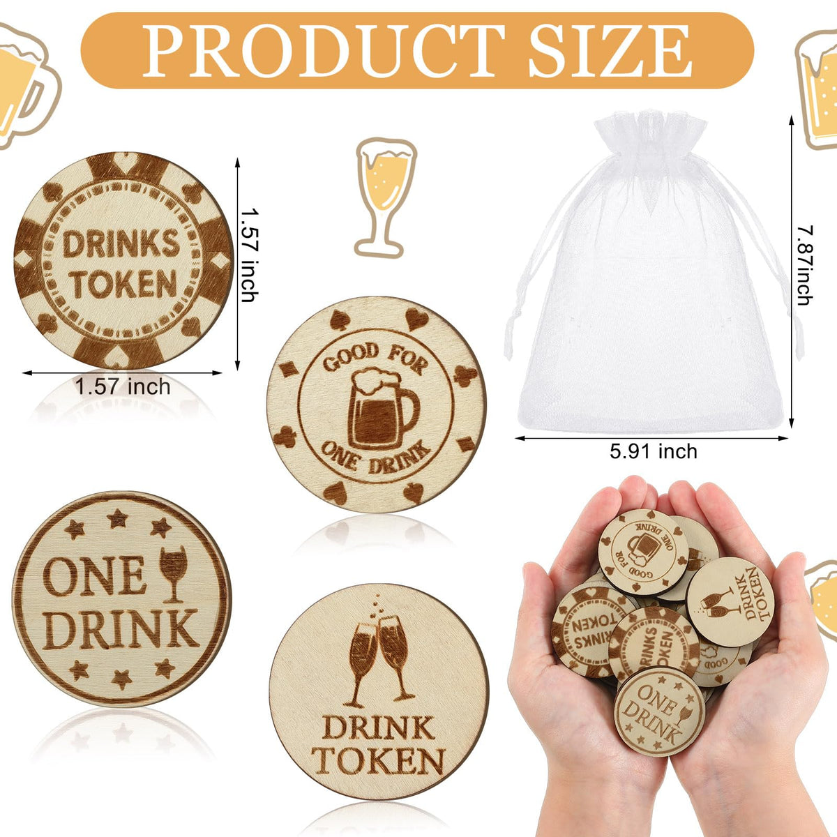 Motionchic drink tokens pack with organza bag for convenient storage