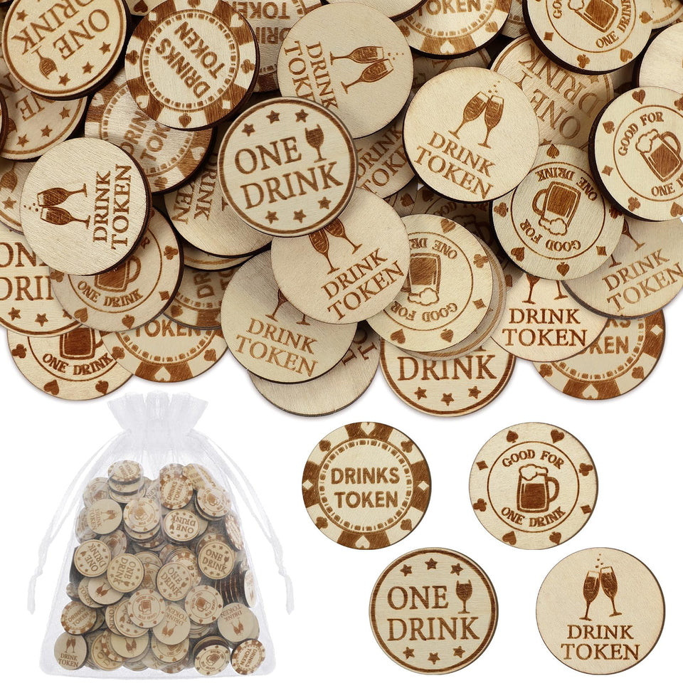 Motionchic wooden drink tokens close-up showing durable discs for events
