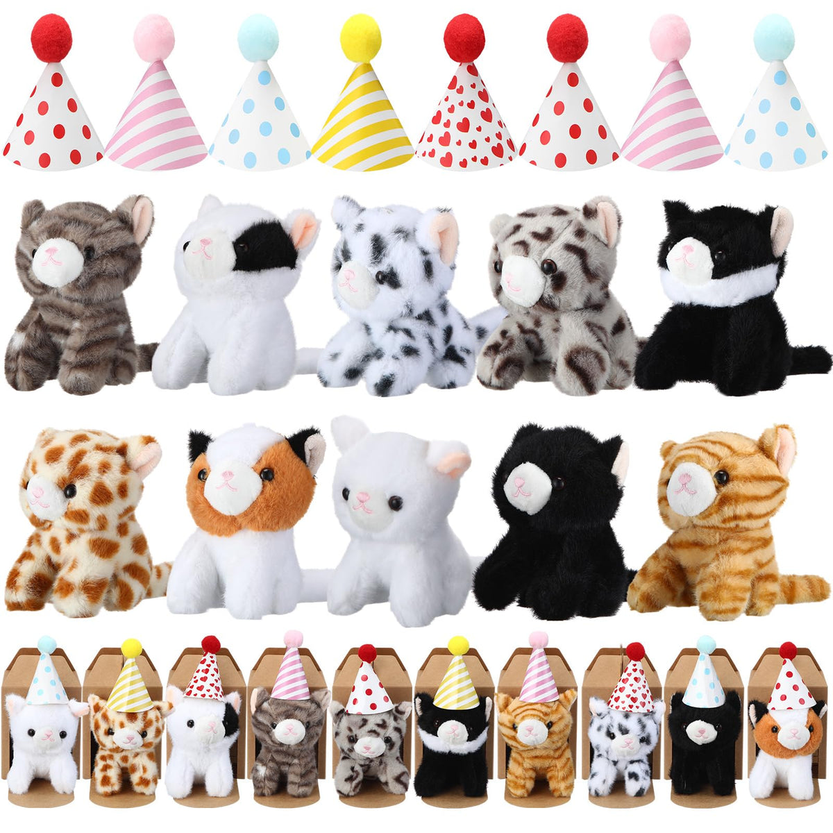 Motionchic kittens set with hats, colorful plush toys ideal for gifts.