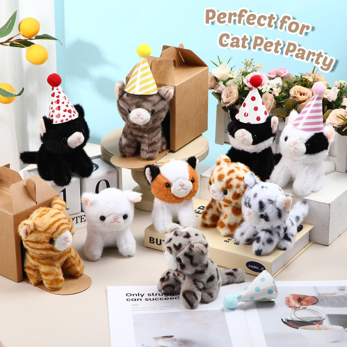Motionchic kraft paper cat homes paired with plush kittens for display.