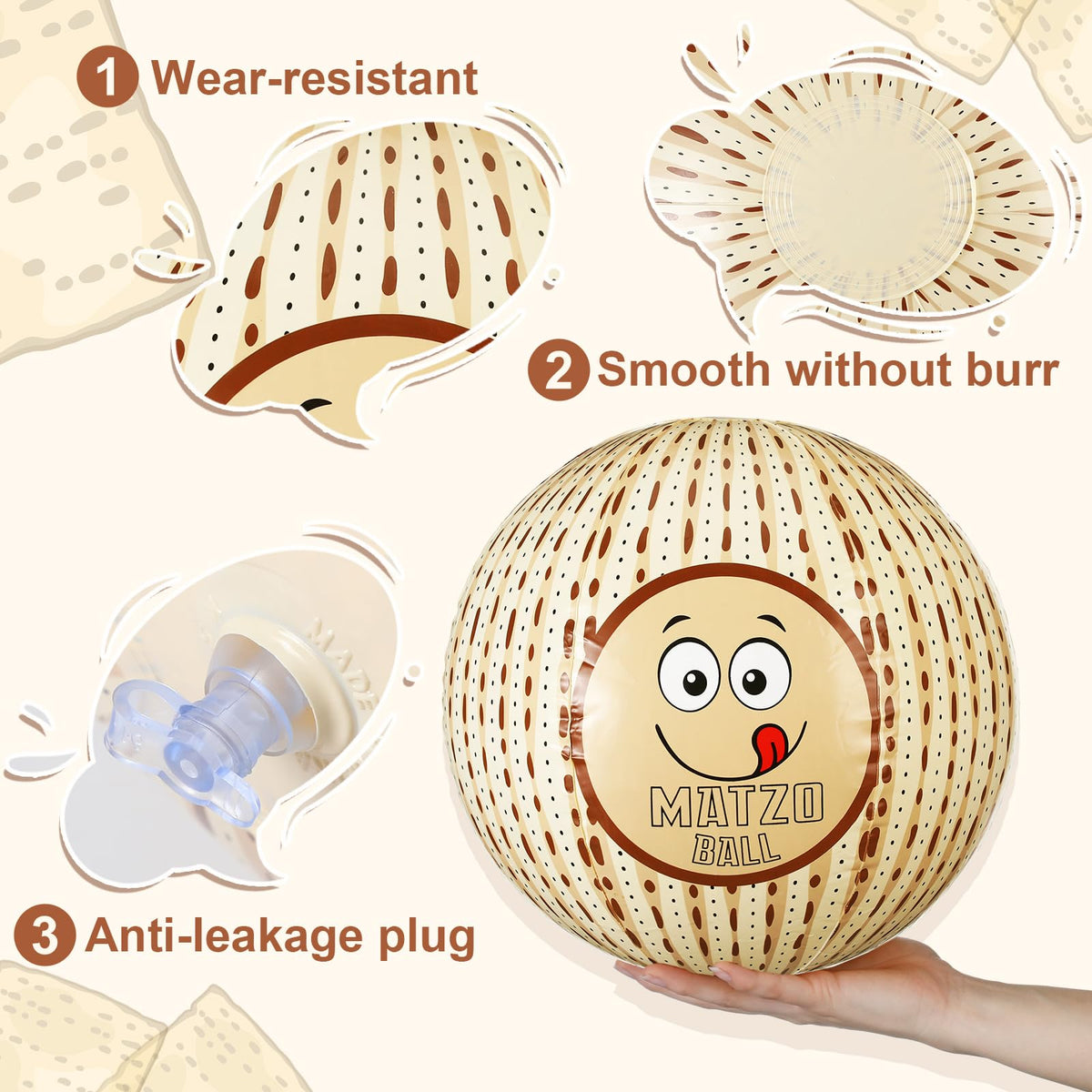 Motionchic 12-inch inflatable matzah ball for kick, toss, and safe, lightweight celebration decor.