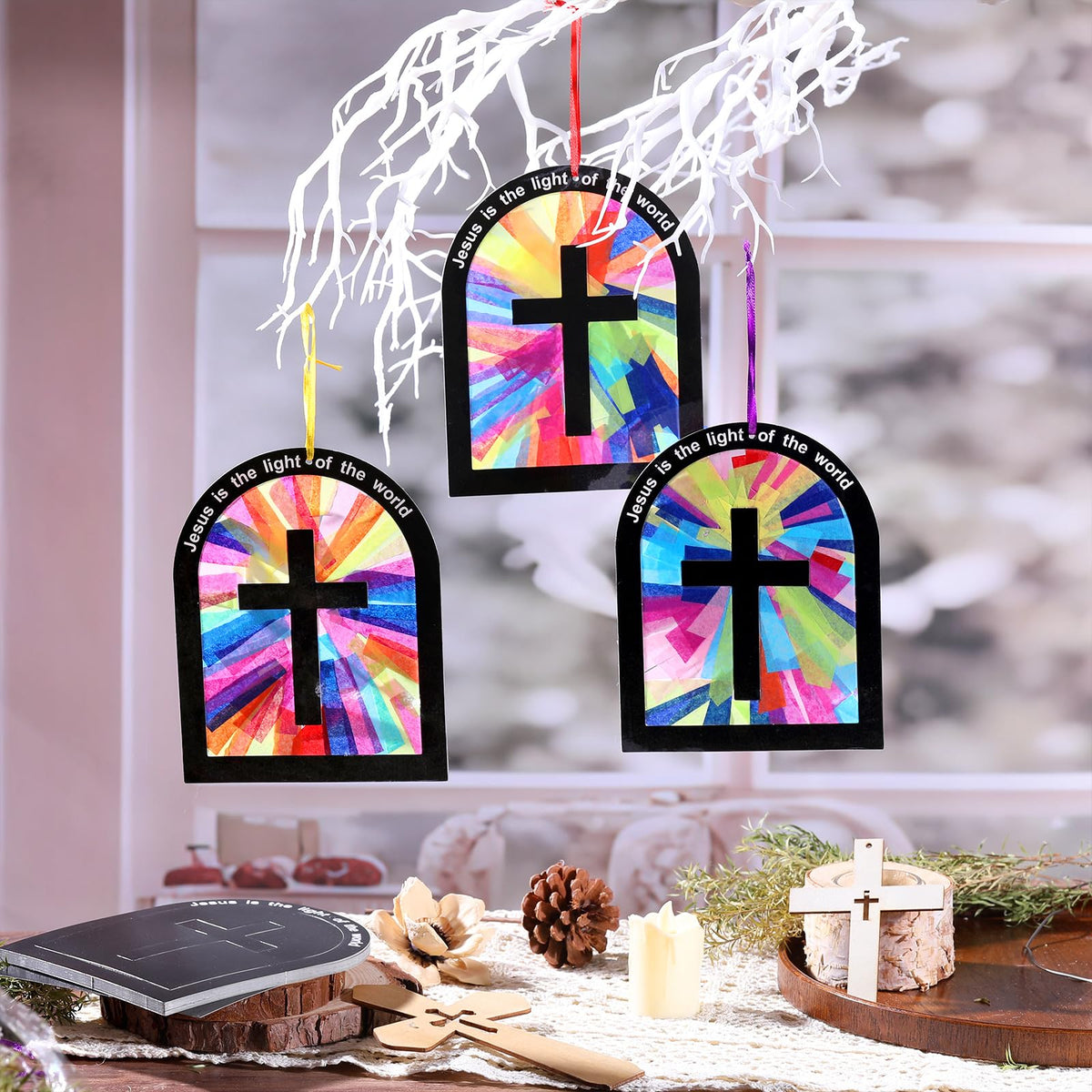 Motipuns 15 cm circular cross design for bright sunlit window art