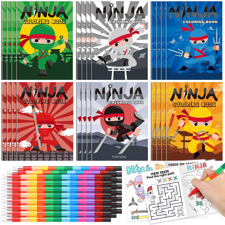 Motipuns 24 Ninja Coloring Book with bold ninja art, ideal for group coloring fun.