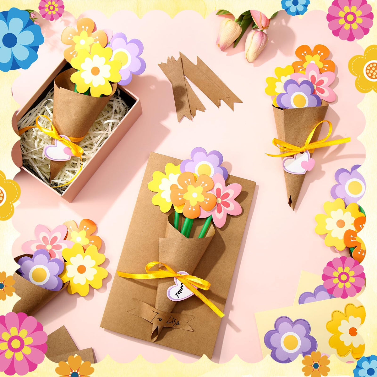 Motipuns flower cardstocks showcase vibrant designs for unique hand-tied bouquet accents.