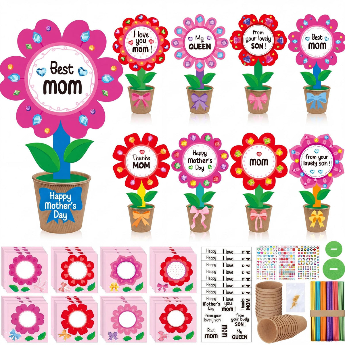 Motipuns 48-pack flower pot craft kit contents shown for creative projects