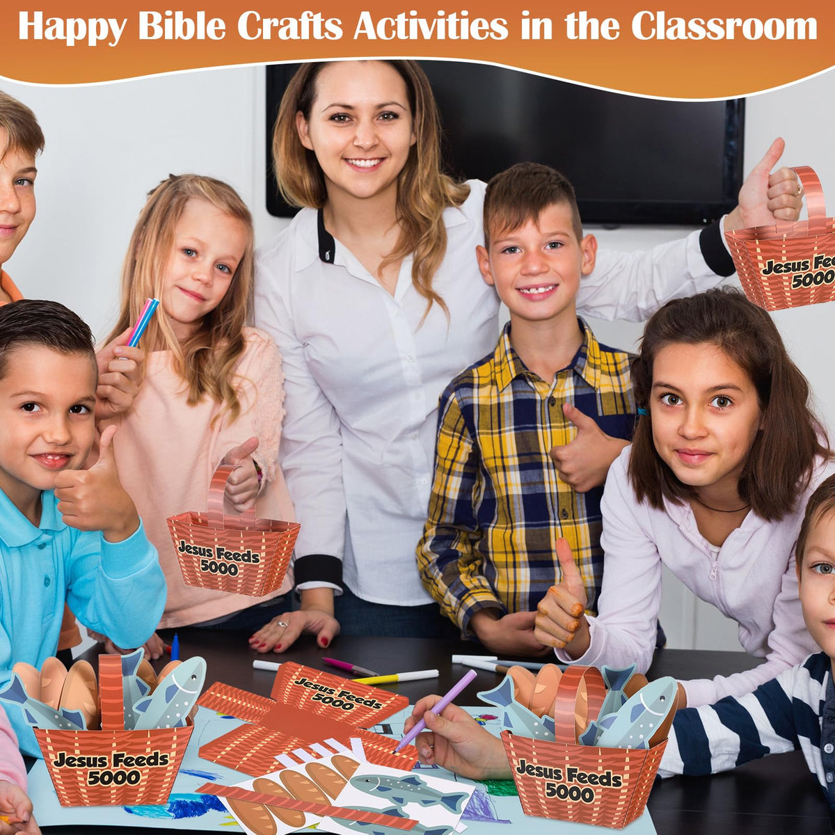 Motipuns Jesus Feeds 5000 assembly guide image showing simple folding and sticking for kids