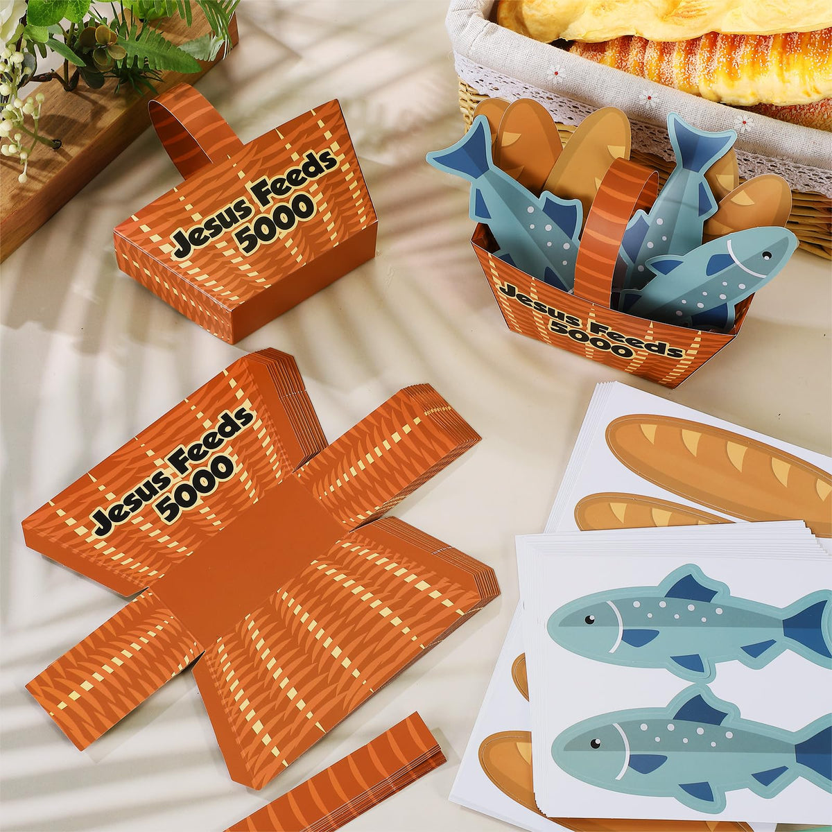 Motipuns Jesus Feeds 5000 fish die-cut cards suitable for inserting biblical imagery into baskets