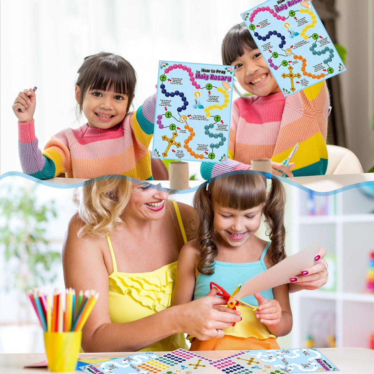 Motipuns Pray The Rosary classroom use visuals for church events.