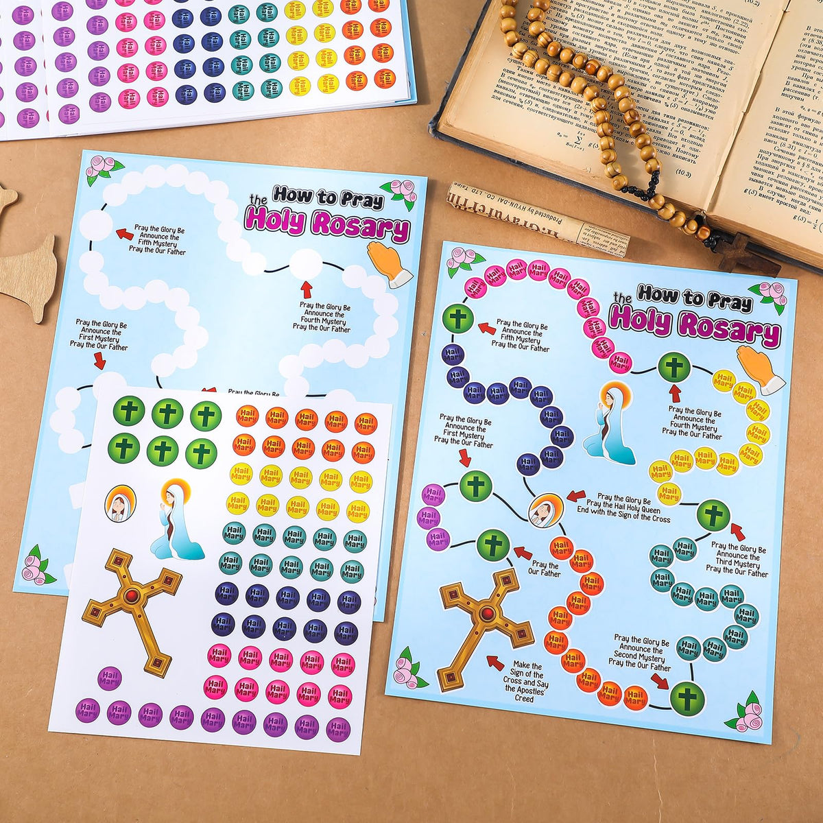 Motipuns Pray The Rosary sticker collection for reusable classroom activities.