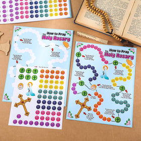 Motipuns Pray The Rosary sticker collection for reusable classroom activities.