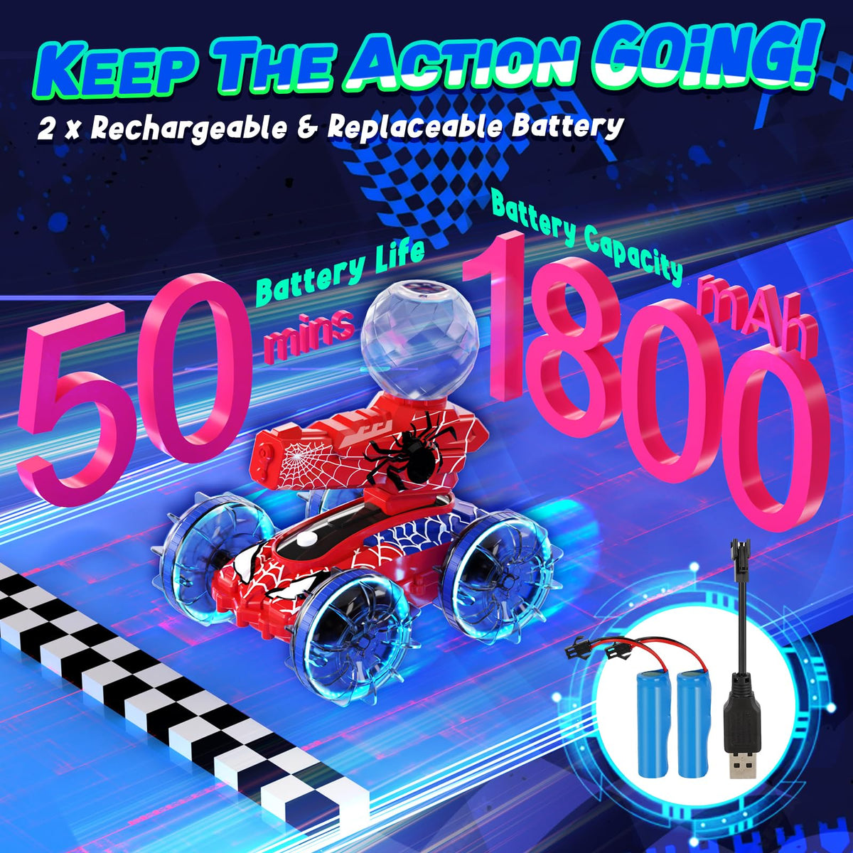 Motivekit two 1800mAh batteries extend playtime beyond an hour