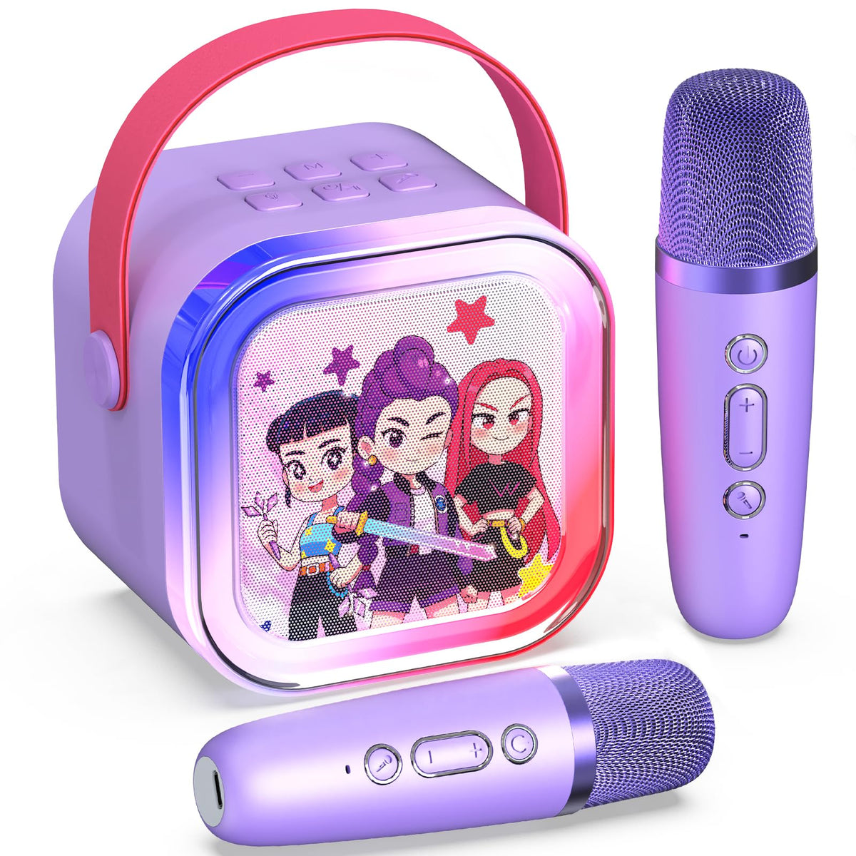 Motivekit mini karaoke machine with theme lights enhances kid-friendly party ambiance.
