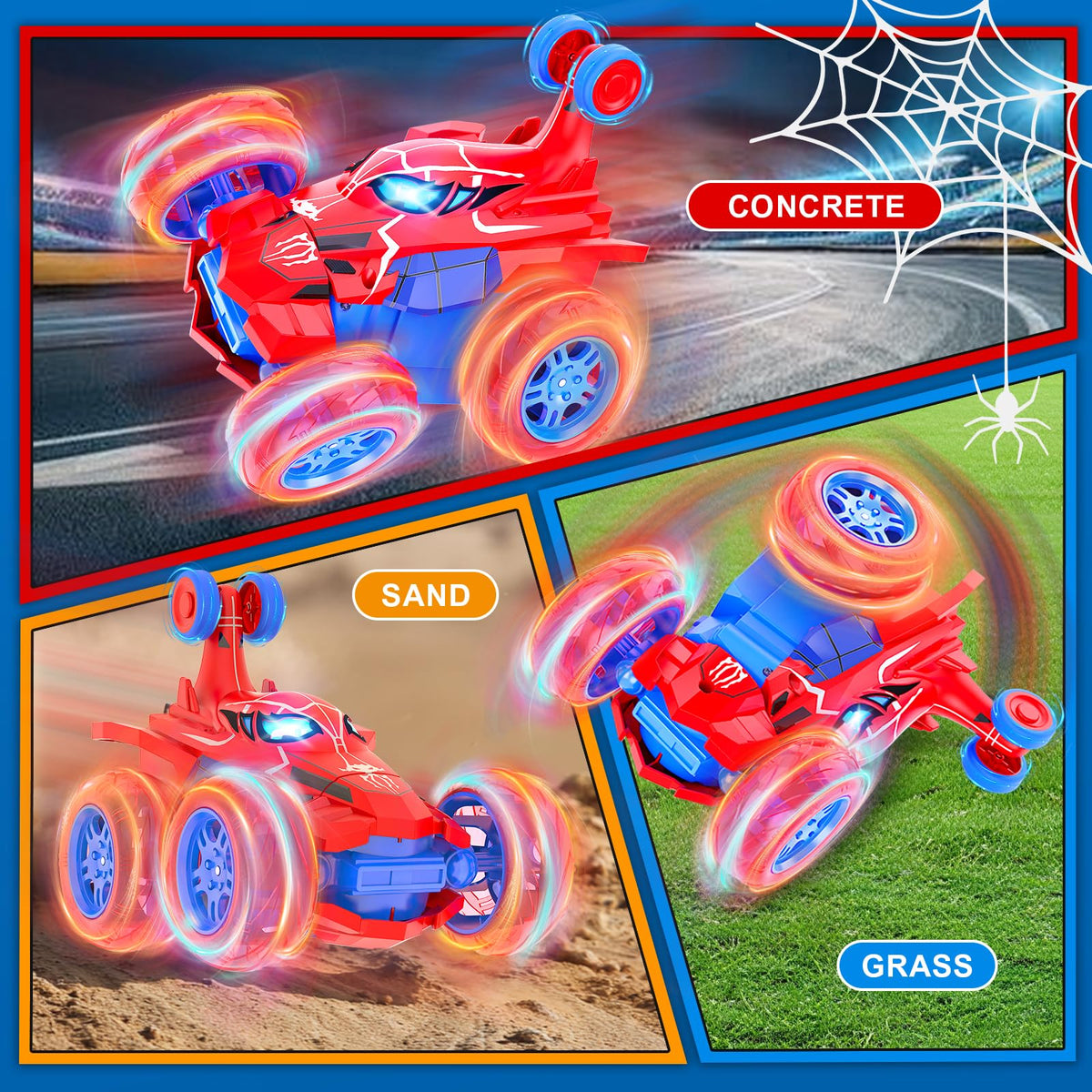 Motivekit 4WD RC car handles sand, grass, and carpet with ease.