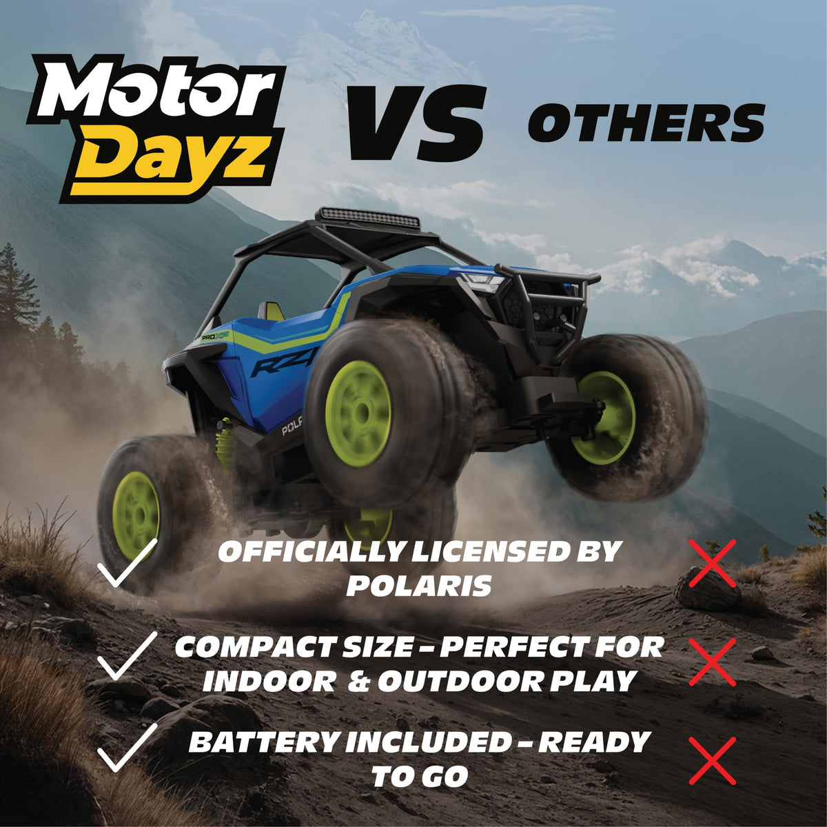 Motor Dayz Polaris RZR RC UTV blue finish stands out on trails