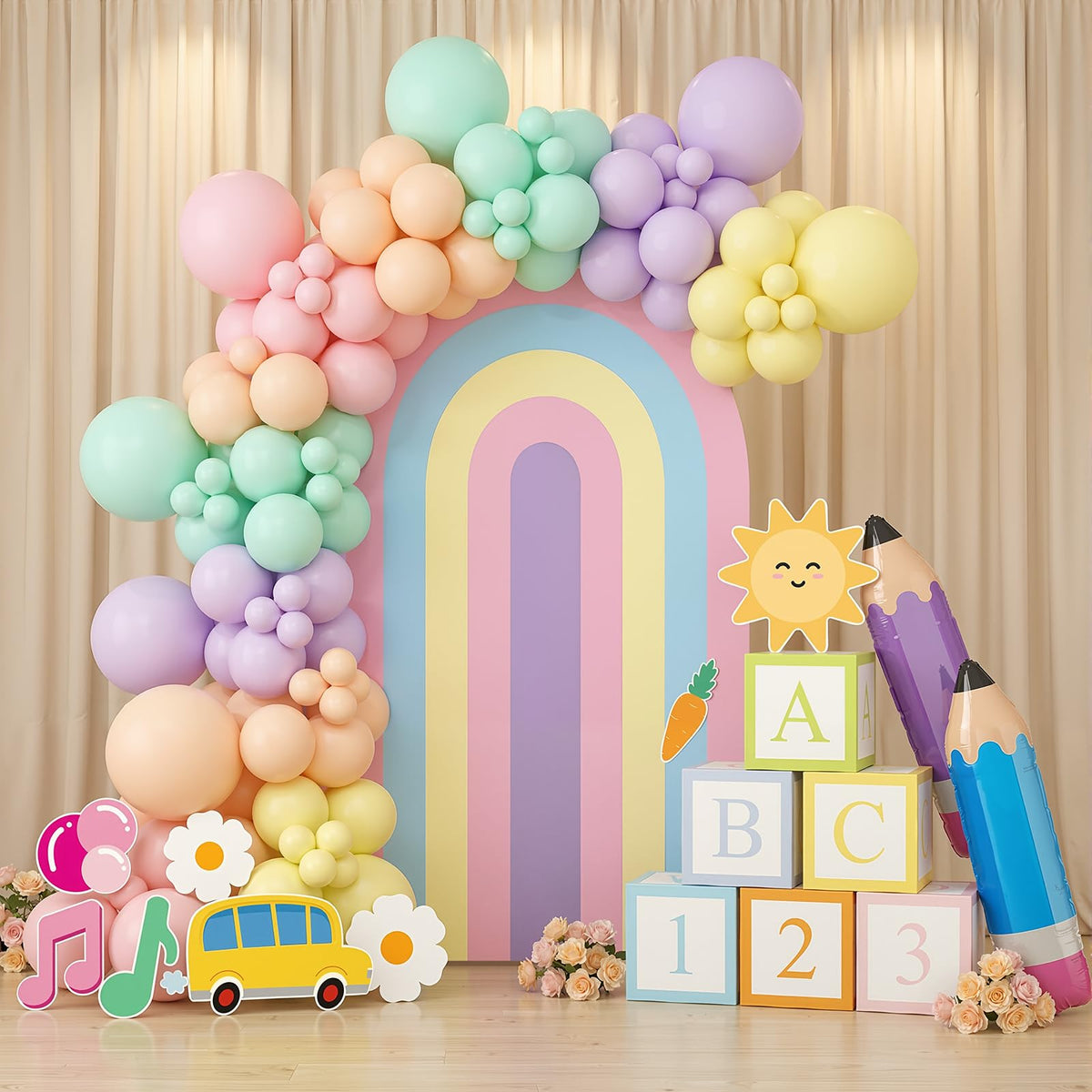 Moukeren ABC paper blocks serve as playful teaching props at celebrations.