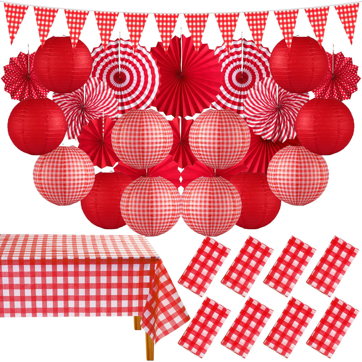Moukeren lanterns in red-white checkered style hanging for outdoor ambiance