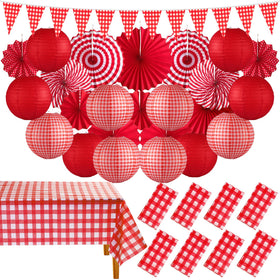 Moukeren lanterns in red-white checkered style hanging for outdoor ambiance