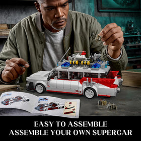 Mould King 10021 Ecto-1 display-ready setup for desktop or shelf.