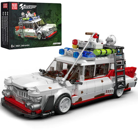 Mould King 10021 Ecto-1 front view, ideal for display on a collector shelf.