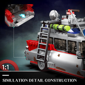Mould King 10021 Ecto-1 side view emphasizes accurate scale and design.